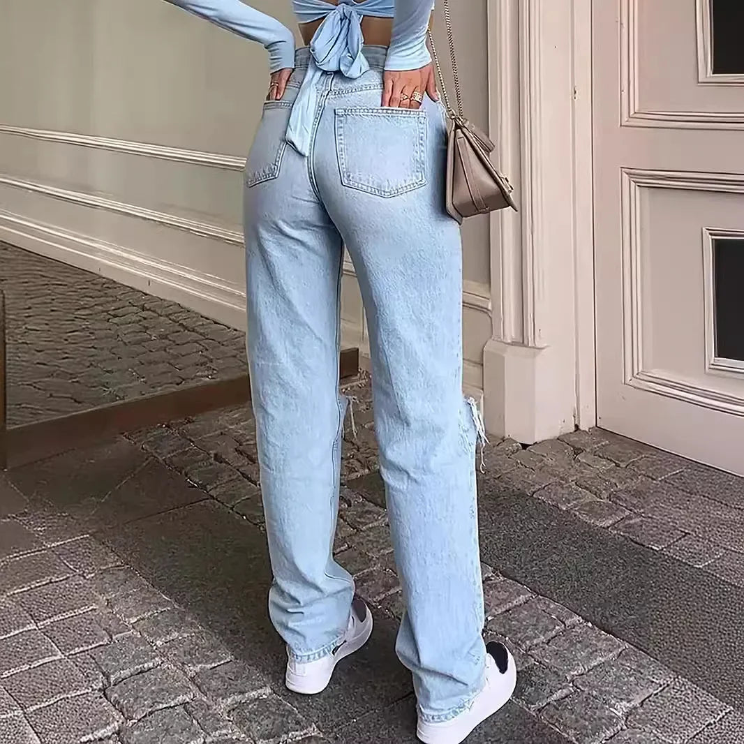 Ankle Length Ripped Holes Jean Straight Jeans Women High Waist Denim Pants Loose Washed Distressed Zipper Fly Streetwear