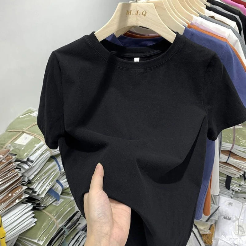 Basic Womens Solid T-Shirts Casual Breathable Short Sleeve Tops Summer O-Neck Soft T Shirts Loose Womans Clothes Special Offer