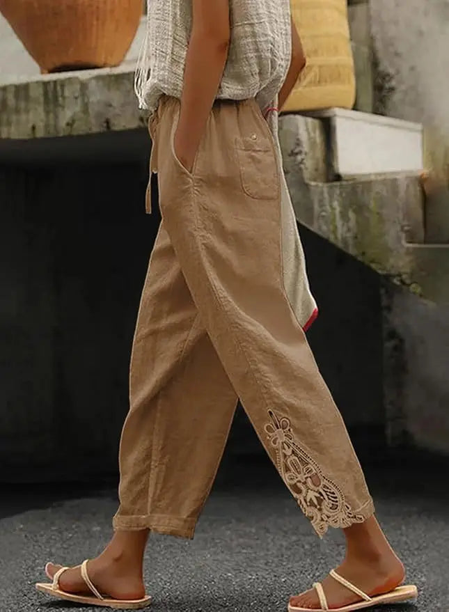 Summer Women's Pants With Fashionable Lace Patchwork Design High Waisted Drawstring Pocket Nail Buckle Cropped Pants