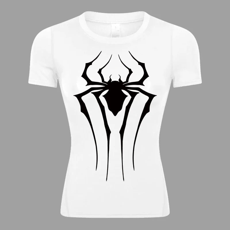Spider Print Short Sleeve Compression Shirt for Women Athletic Running Workout Yoga T-Shirt Tees Baselayer Tops Gym Sports Gear