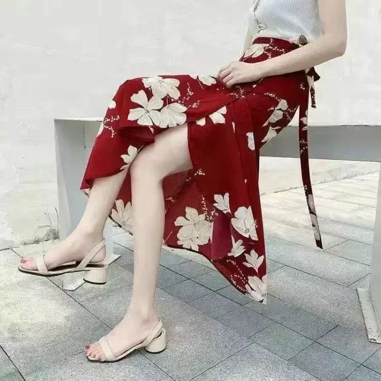 Wrap Skirts Women Casual Chiffon Tie-Waist Ruffle Wide Leg Loose One Piece Split Print Holiday Bodycon Skirt Women