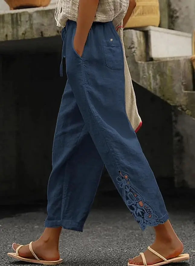Summer Women's Pants With Fashionable Lace Patchwork Design High Waisted Drawstring Pocket Nail Buckle Cropped Pants