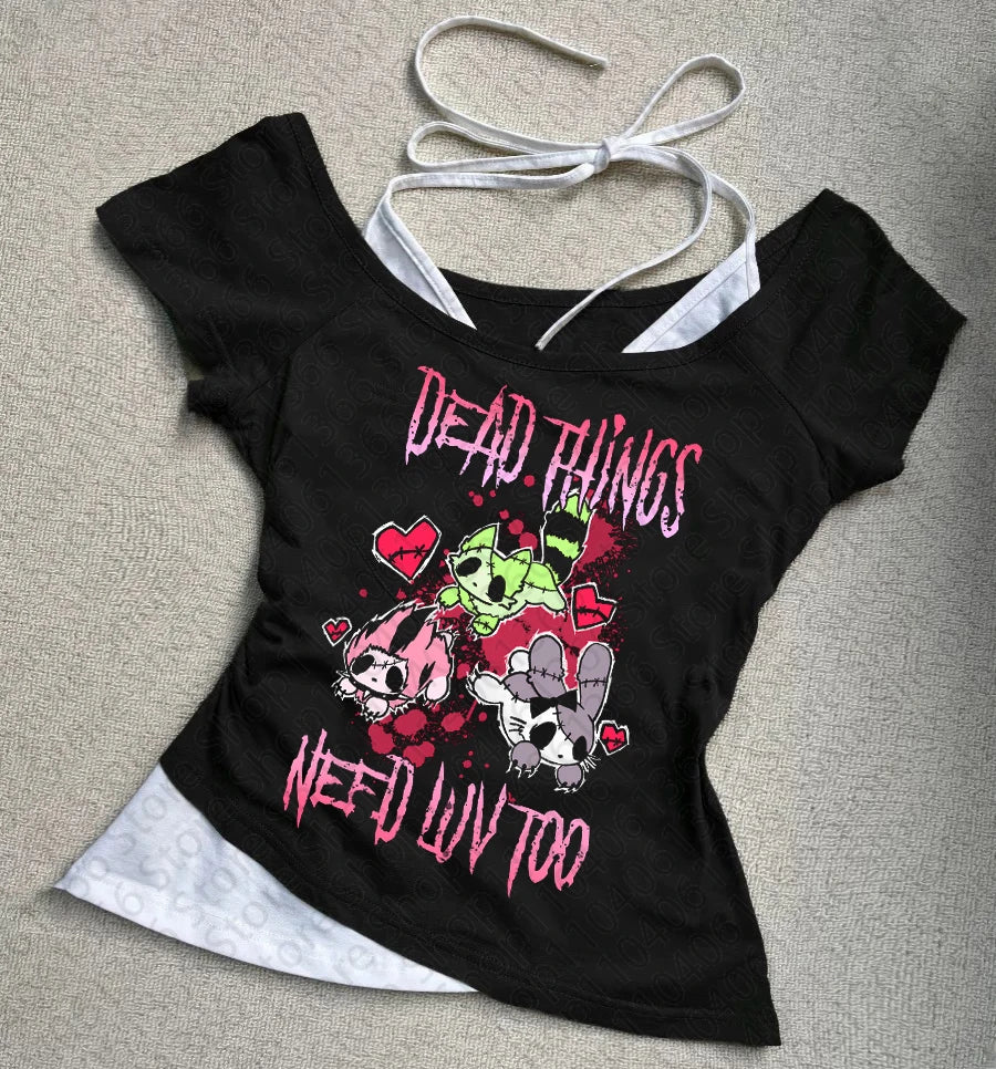Harajuku Streetwear Sweet Girls Sexy T-Shirts Graphic 2000s Cute Womens Printed Aesthetic Fairy Off shoulder top Y2k Clothes