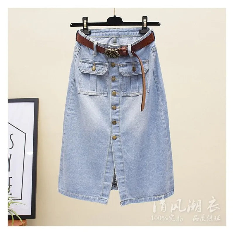 2026 Women Spring Autumn New Front Split Denim Sheath Skirts Female Single-Breasted Midi Skirts Ladies High Waist Pencil Skirts