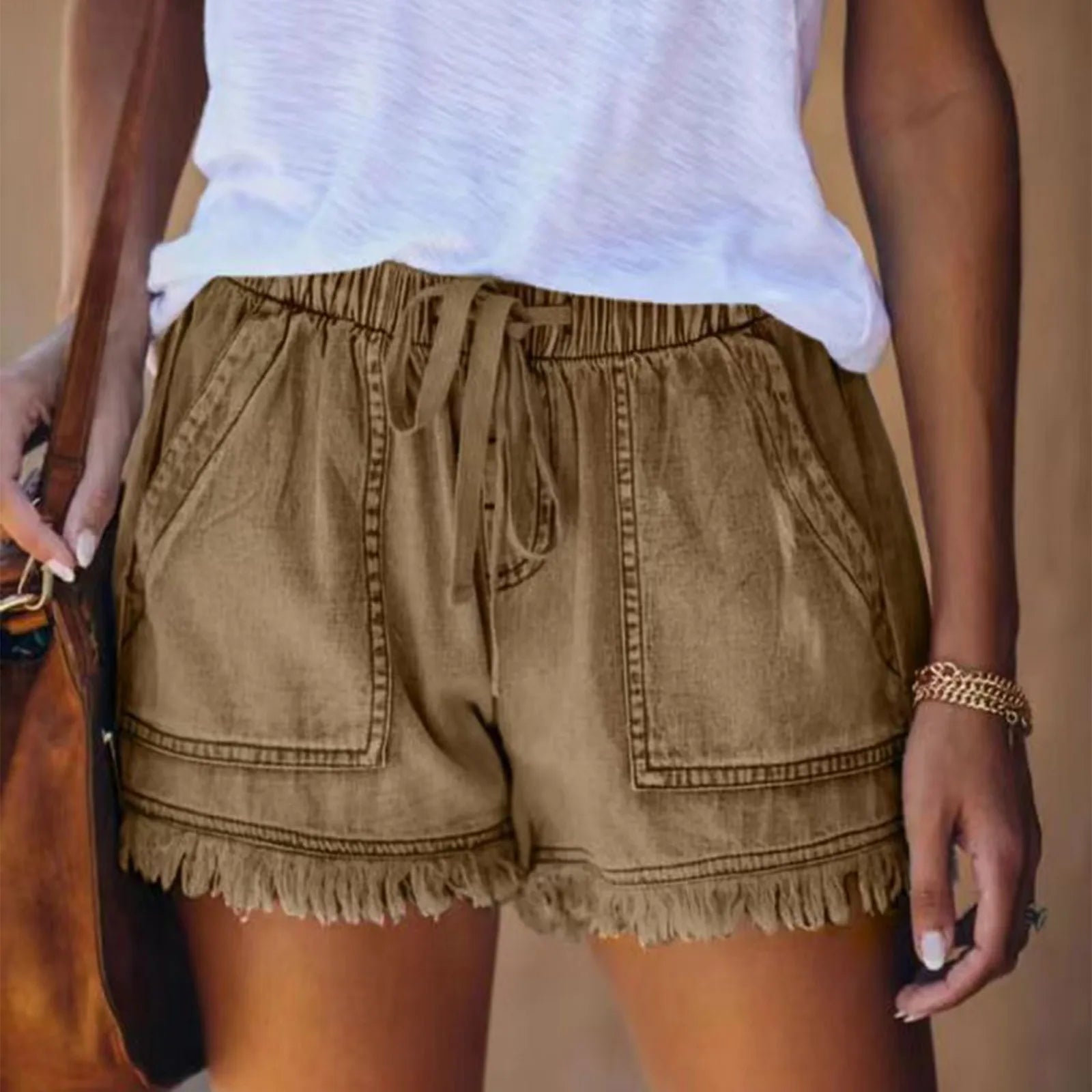 Ladies' Washed Solid Color Slimming Tassel Edge Denim Shorts Fashion Sexy Elastic Waist Leisure Pockets Summer Short Trousers