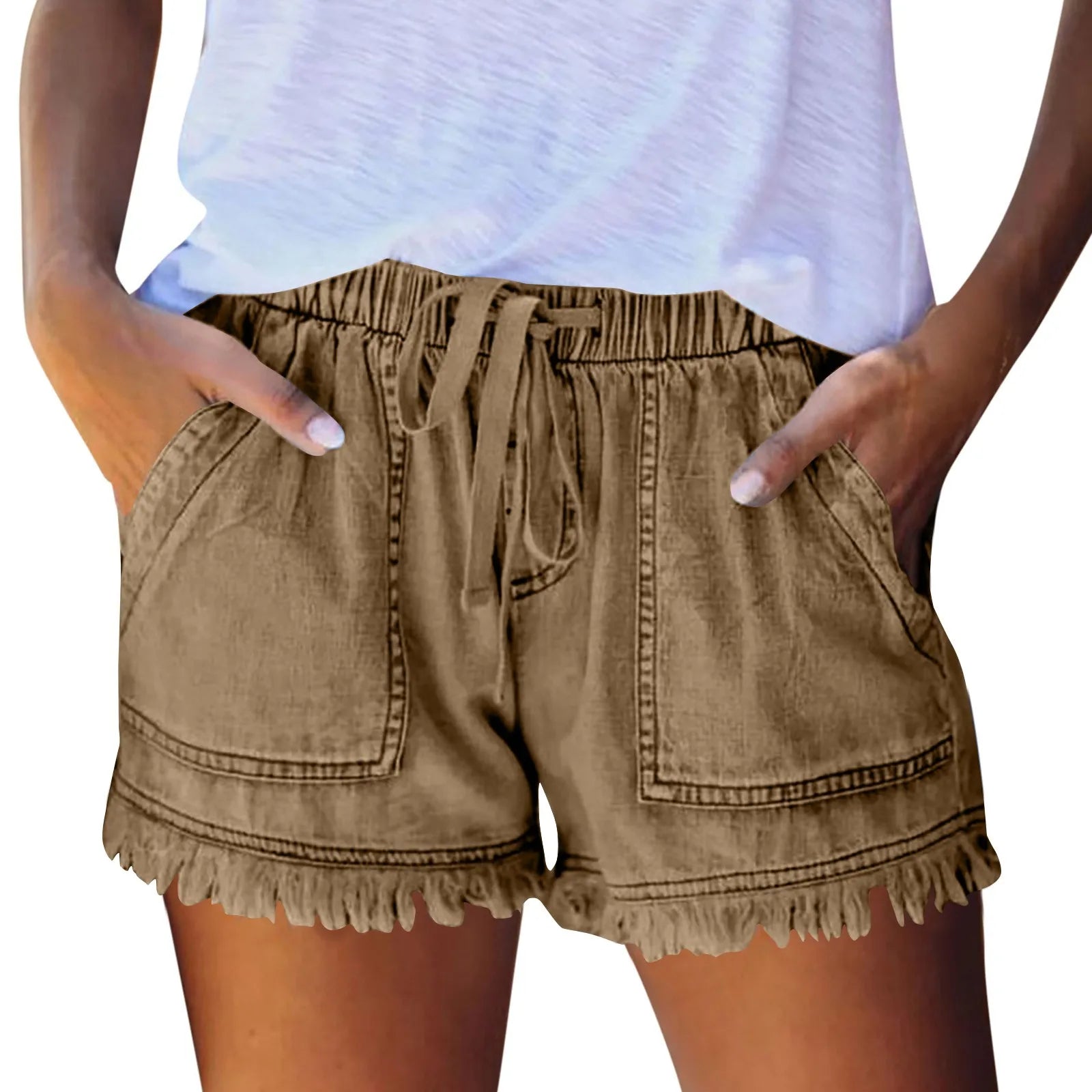 Ladies' Washed Solid Color Slimming Tassel Edge Denim Shorts Fashion Sexy Elastic Waist Leisure Pockets Summer Short Trousers