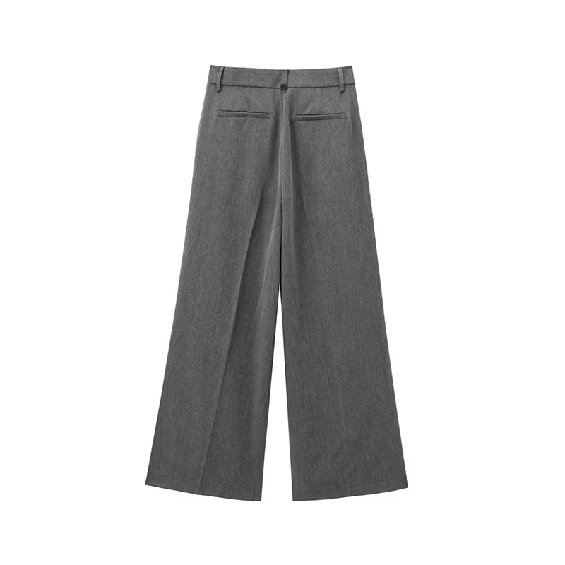Willshela Women Fashion Grey Front Zipper Pleated Wide Leg Pants Vintage High Waist Full Length Female Chic Lady Trousers
