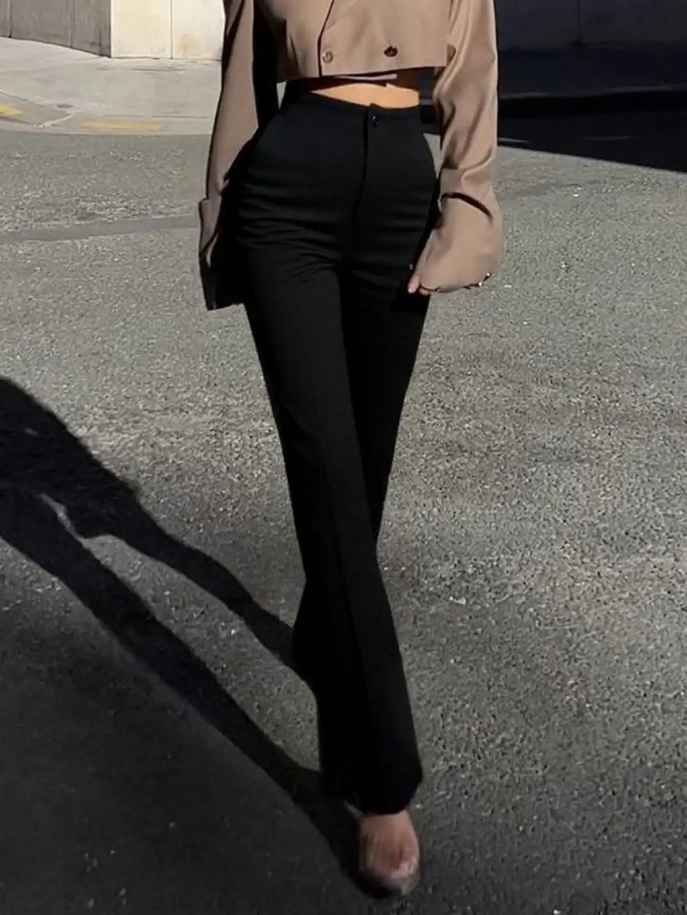 Ladies' solid color black casual elegant commuting high waisted straight leg pants suitable for daily outings office commuting