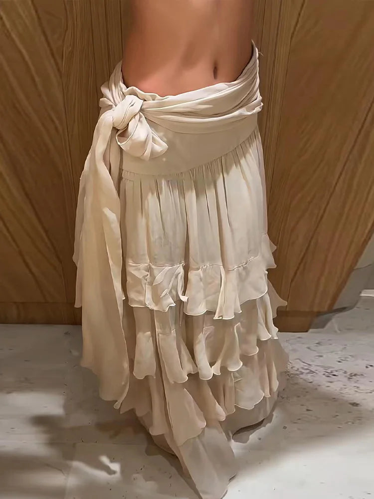 Solid Waist Tie Ruffle Tiered Maxi Skirt Flowy Chiffon Layered High-Waist Long Skirts 2026 Summer Casual Fashion Beach Outfit