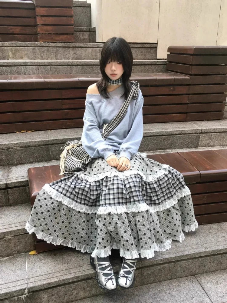 Japanese Elegant Retro Plaid Wave Point Skirts Women Lace Patchwork Ruffles A-line Skirts Harajuku Design Korean Popular Clothes