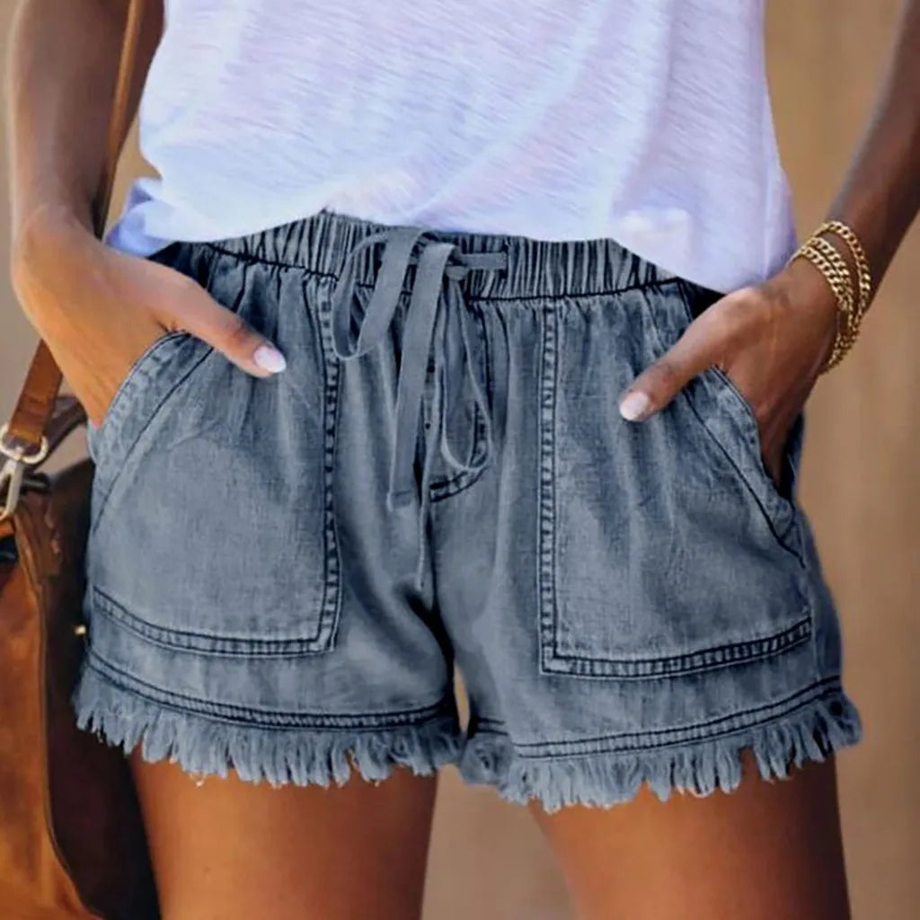 Ladies' Washed Solid Color Slimming Tassel Edge Denim Shorts Fashion Sexy Elastic Waist Leisure Pockets Summer Short Trousers