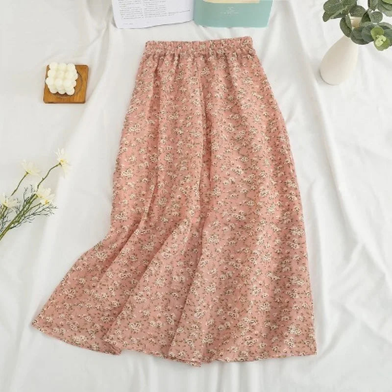Summer Skirts Womens Vintage Floral Printed Chiffon Skirts Elastic High Waist Casual Midi A-Line Beach Skirts