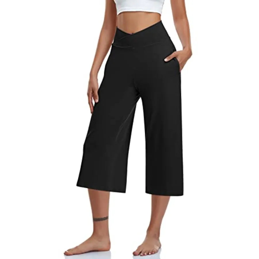 TARSE Womens Casual Wide Leg Yoga Capris Crossover High Waist Capri Pants Loose Soft Pajama Pockets Sweatpants