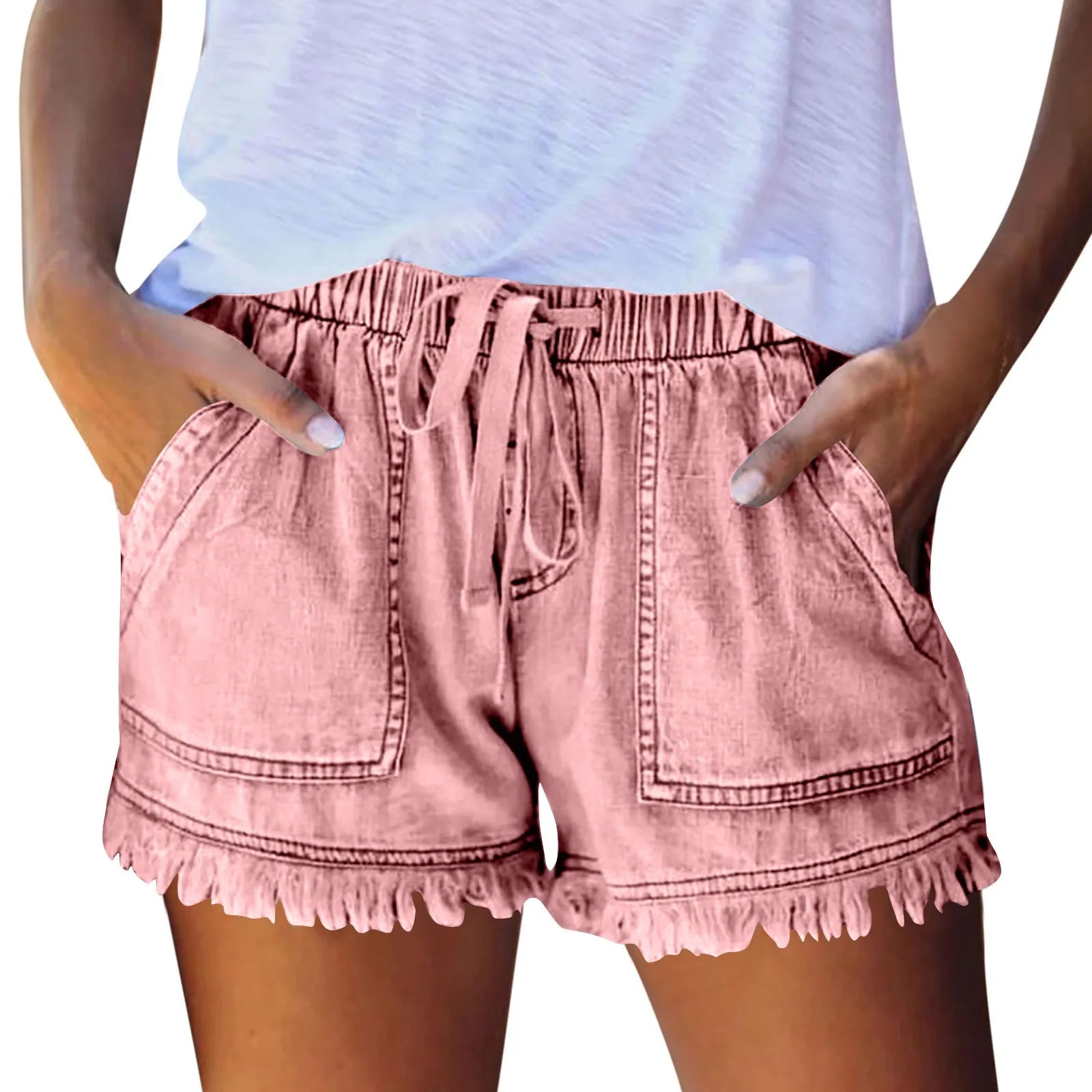 Ladies' Washed Solid Color Slimming Tassel Edge Denim Shorts Fashion Sexy Elastic Waist Leisure Pockets Summer Short Trousers