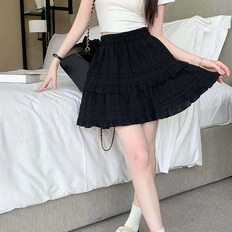 French casual style women's black mini skirt, high waist ruffle skirt, fashionable white women's skirtkv