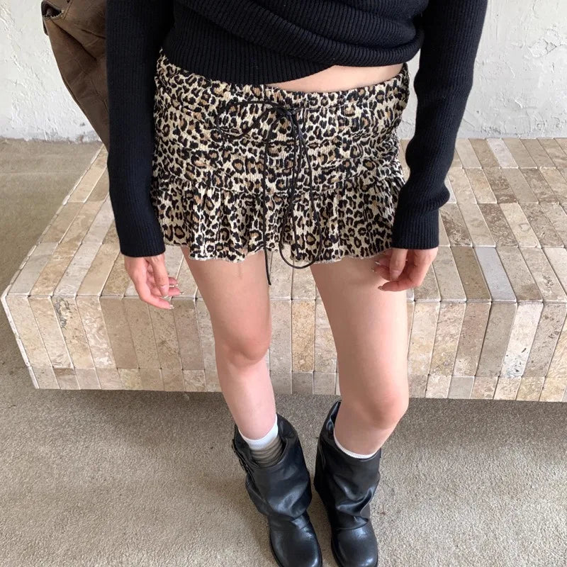 2025 Fall Leopard Print Mini Skirt Retro American Style Drawstring Waist A Line Skirt for Women