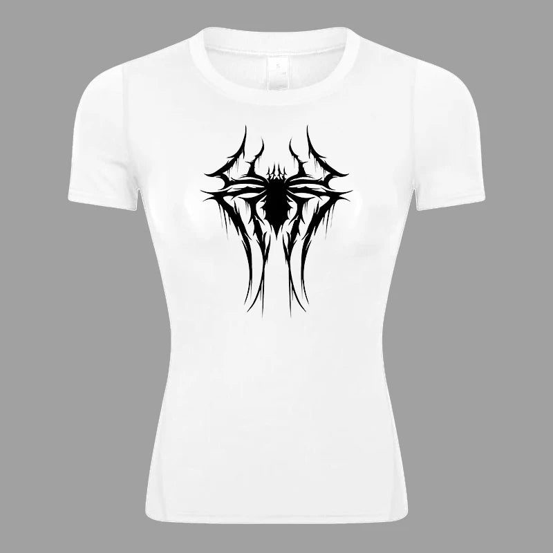 Spider Print Short Sleeve Compression Shirt for Women Athletic Running Workout Yoga T-Shirt Tees Baselayer Tops Gym Sports Gear