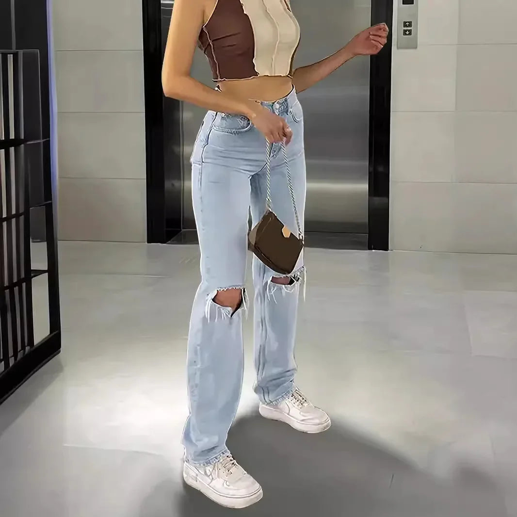 Ankle Length Ripped Holes Jean Straight Jeans Women High Waist Denim Pants Loose Washed Distressed Zipper Fly Streetwear