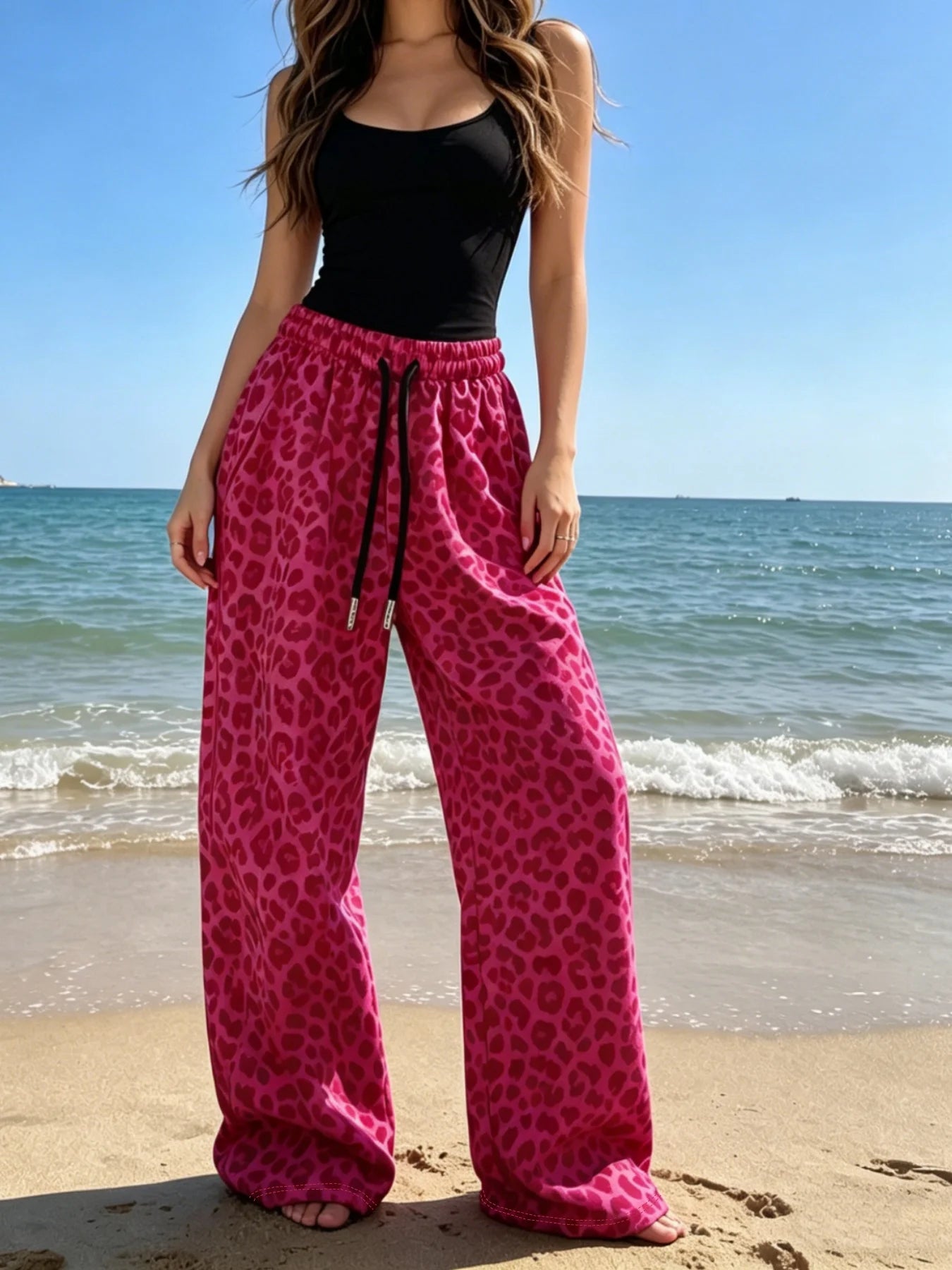 Women's fashionable classic leopard print casual versatile loose wide leg pants