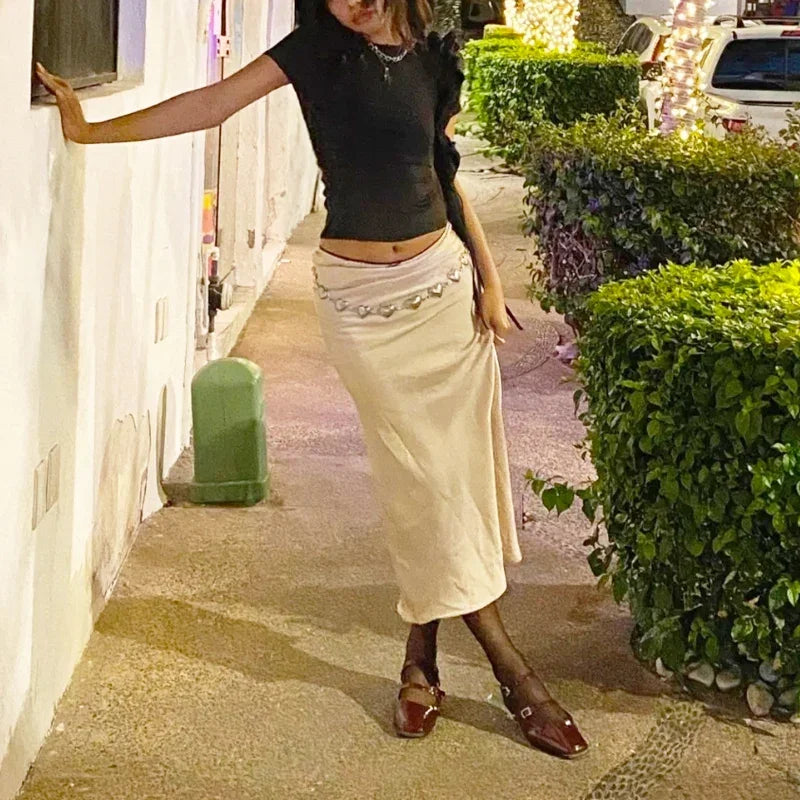 Women's Long Satin Skirts Vintage Chic Spring Fashion High Waist Line H Texture with Decorative Knot New Arrivals