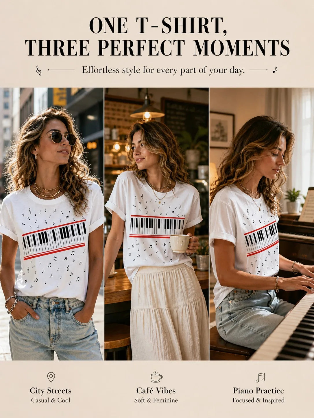 Ilstile Women's   Piano  Music Notes Print T-Shirts Summer Short Sleeve Casual Round Neck Tops  Retro Fan Favorite Tees NEW