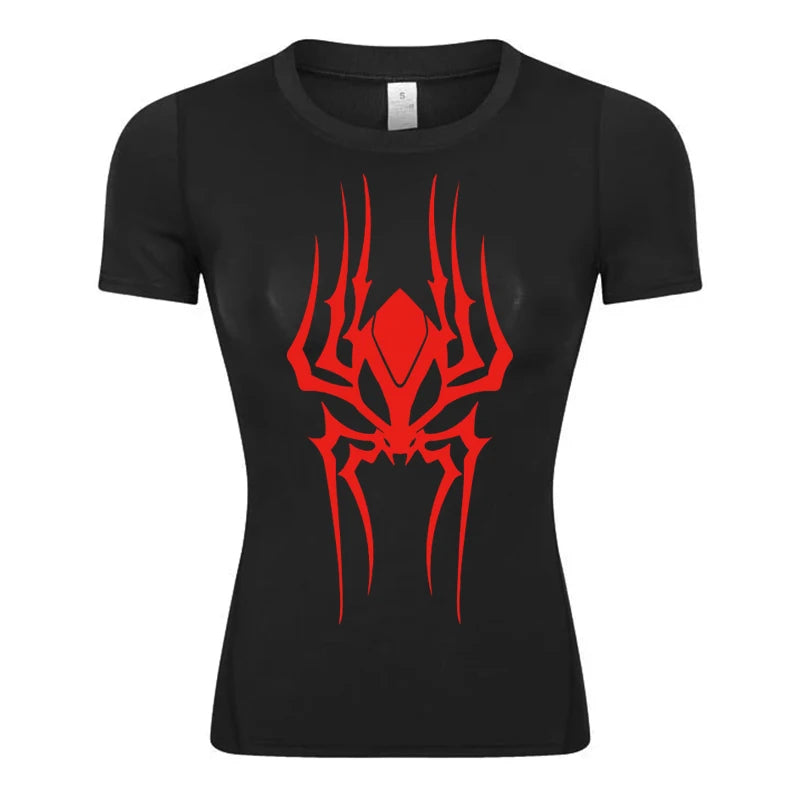 Spider Print Short Sleeve Compression Shirt for Women Athletic Running Workout Yoga T-Shirt Tees Baselayer Tops Gym Sports Gear