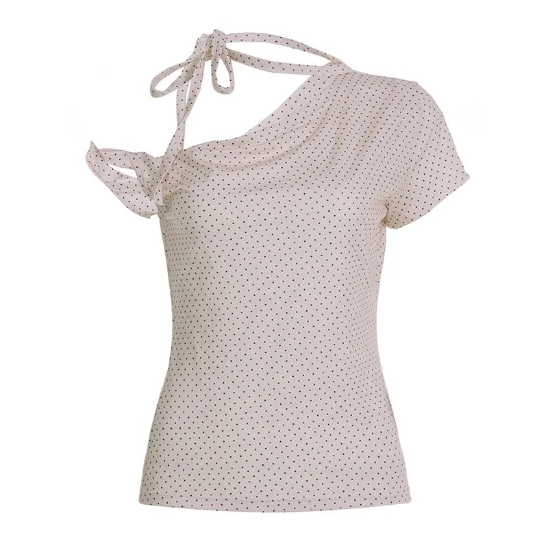 Sweet Polka Dot Prints T-Shirts Fashion Women Cute Design One-Shoulder Summer Tops Casual Korean Office Lady Commute Slim Tees