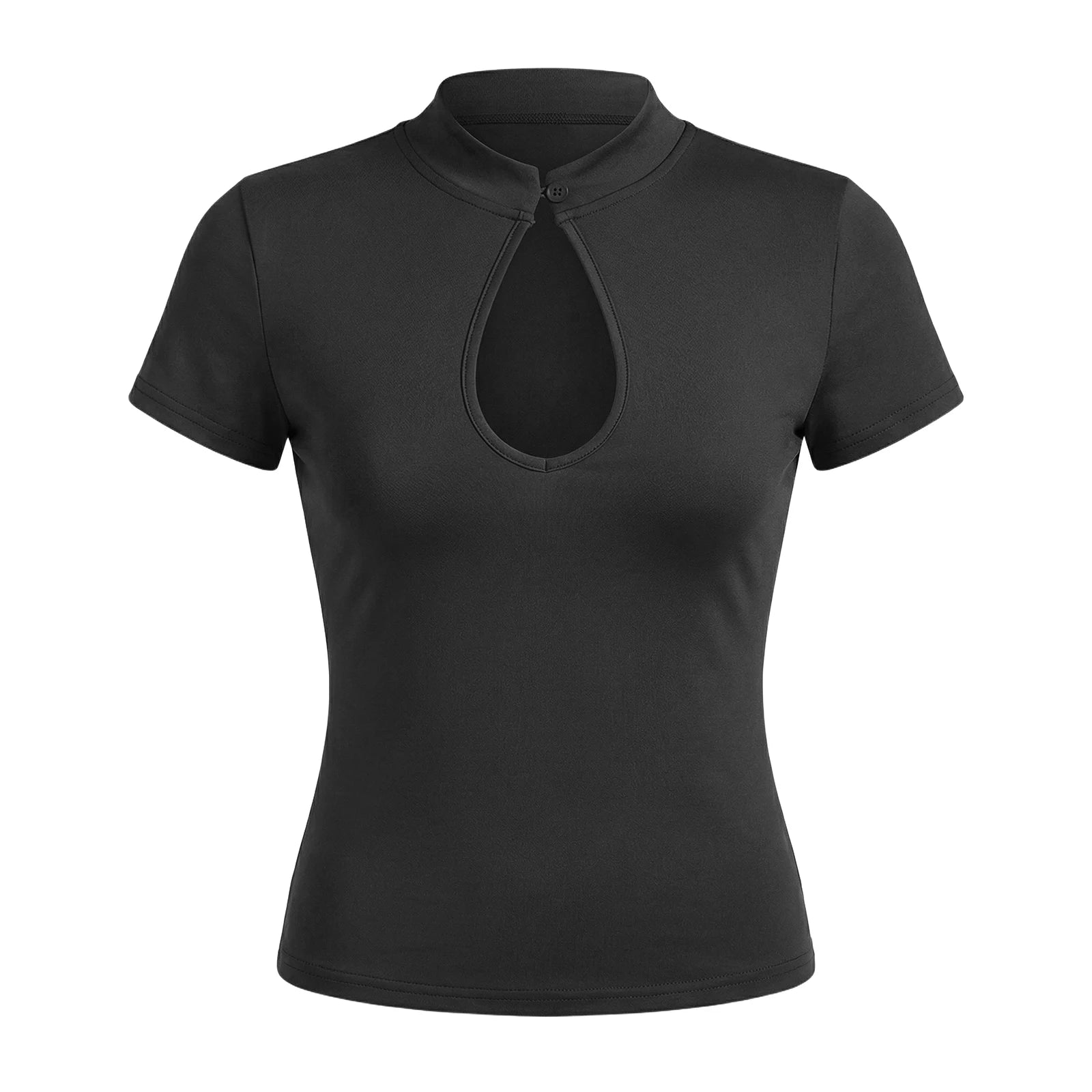 Keyhole Neck Cutout Going Out Crop Tops for Women Short Sleeve Button Front Fitted Shirt Sexy Collared Hollow Out T-shirts Tees
