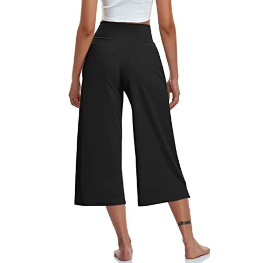 TARSE Womens Casual Wide Leg Yoga Capris Crossover High Waist Capri Pants Loose Soft Pajama Pockets Sweatpants