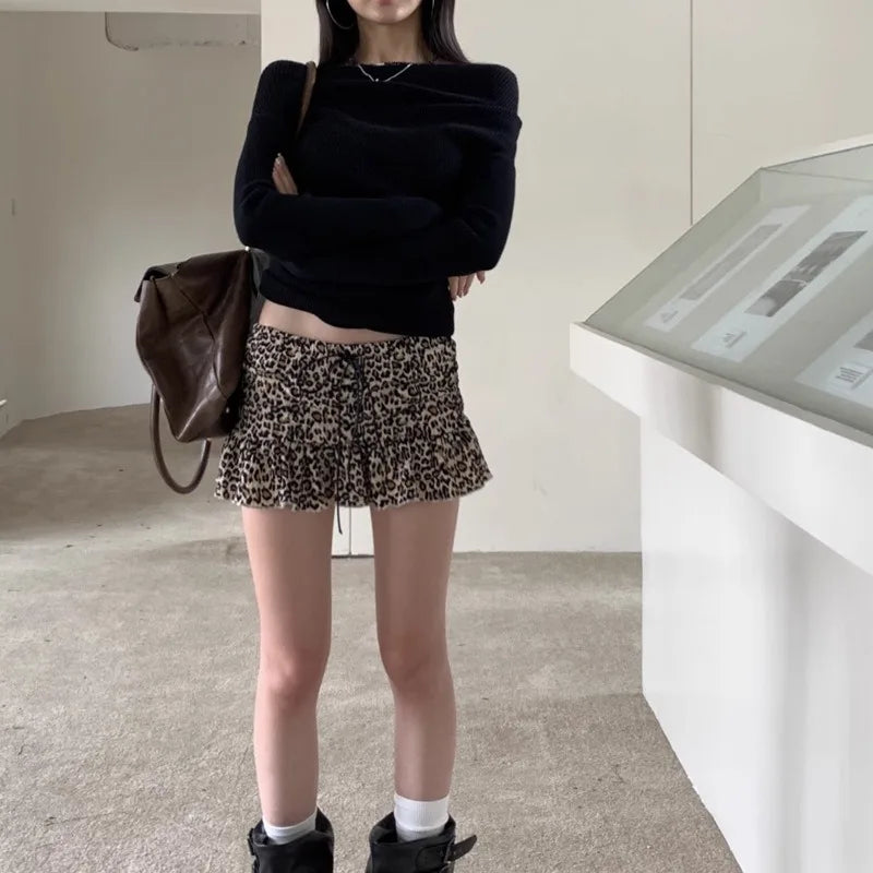2025 Fall Leopard Print Mini Skirt Retro American Style Drawstring Waist A Line Skirt for Women