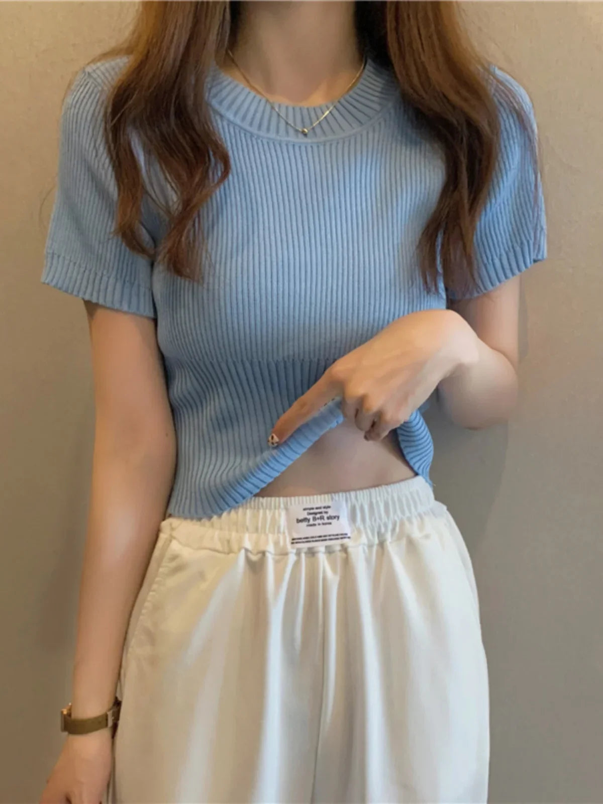 Spring Summer Casual Short Sleeve Crop Tops Knitted T-Shirt Women Pullover Shirts Tops Female Elastic Slim Knit Tee T-Shirts