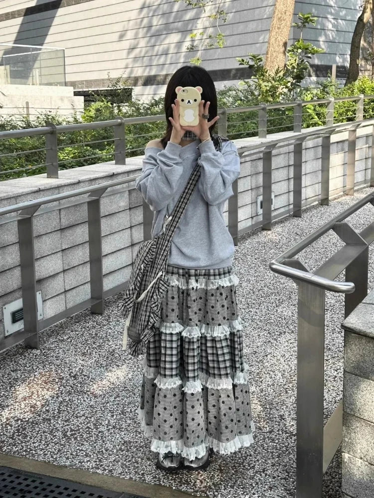 Japanese Elegant Retro Plaid Wave Point Skirts Women Lace Patchwork Ruffles A-line Skirts Harajuku Design Korean Popular Clothes