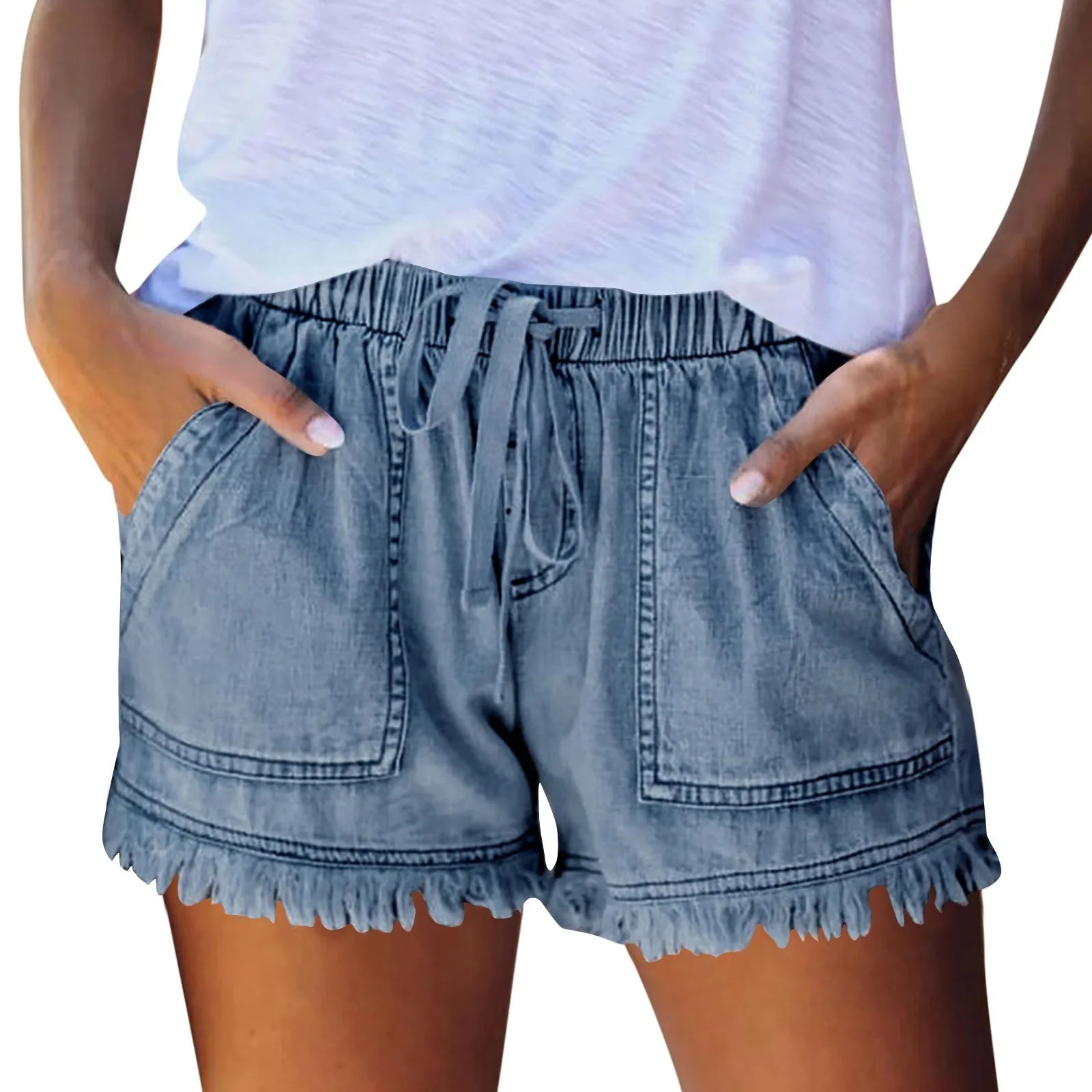 Ladies' Washed Solid Color Slimming Tassel Edge Denim Shorts Fashion Sexy Elastic Waist Leisure Pockets Summer Short Trousers