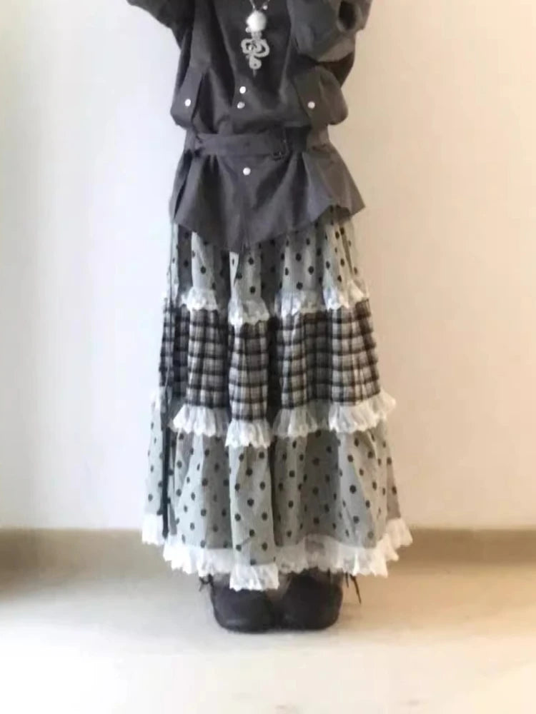 Japanese Elegant Retro Plaid Wave Point Skirts Women Lace Patchwork Ruffles A-line Skirts Harajuku Design Korean Popular Clothes
