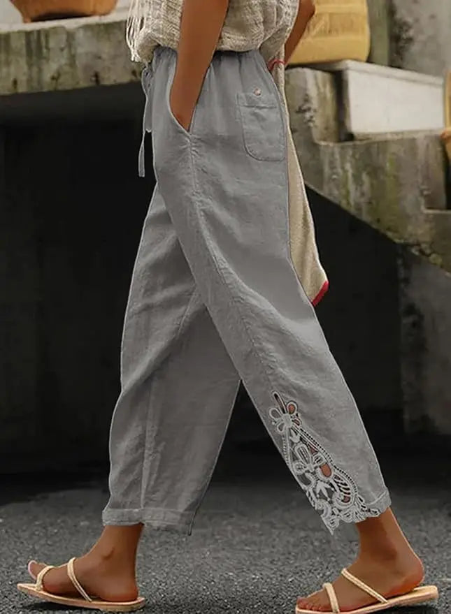 Summer Women's Pants With Fashionable Lace Patchwork Design High Waisted Drawstring Pocket Nail Buckle Cropped Pants