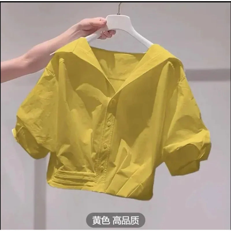 Fanan 2026 Summer New Lapel Bubble Sleeve Shirt Women Loose Fit Cropped Top Female Blouse Shirt