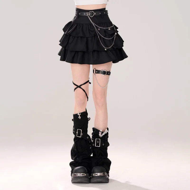 Women Black Gothic A-line Cake Skirt Vintage Y2k Skirt Aesthetic Harajuku Korean Elegant Kawaii Emo Skirts 2000s Trashy Clothes