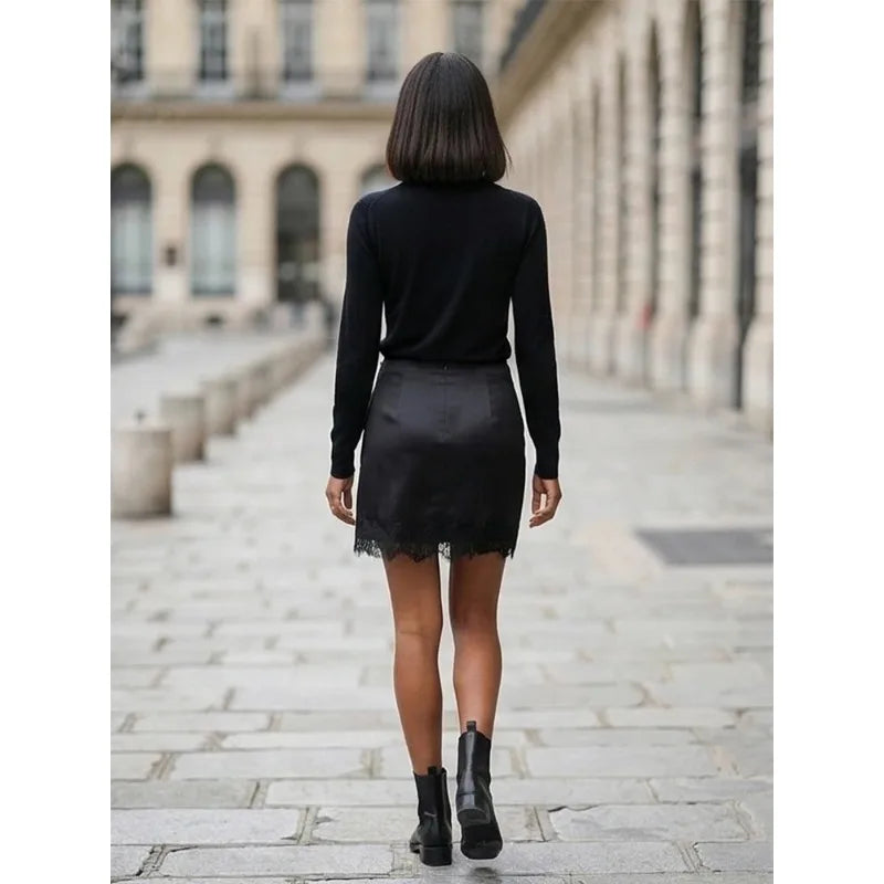 FANAN Women Fashion Solid Side Zipper Lace Hem Mini Skirts Shorts Vintage High Waist Female Chic Lady Shorts