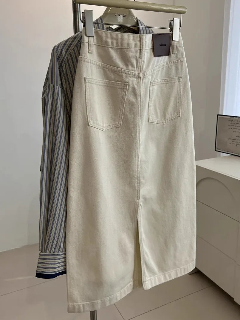 Elegant High Waist A-Line Midi Denim Skirt Women's Versatile Slimming Half-length Skirts Korean Style Commute Pocket Design