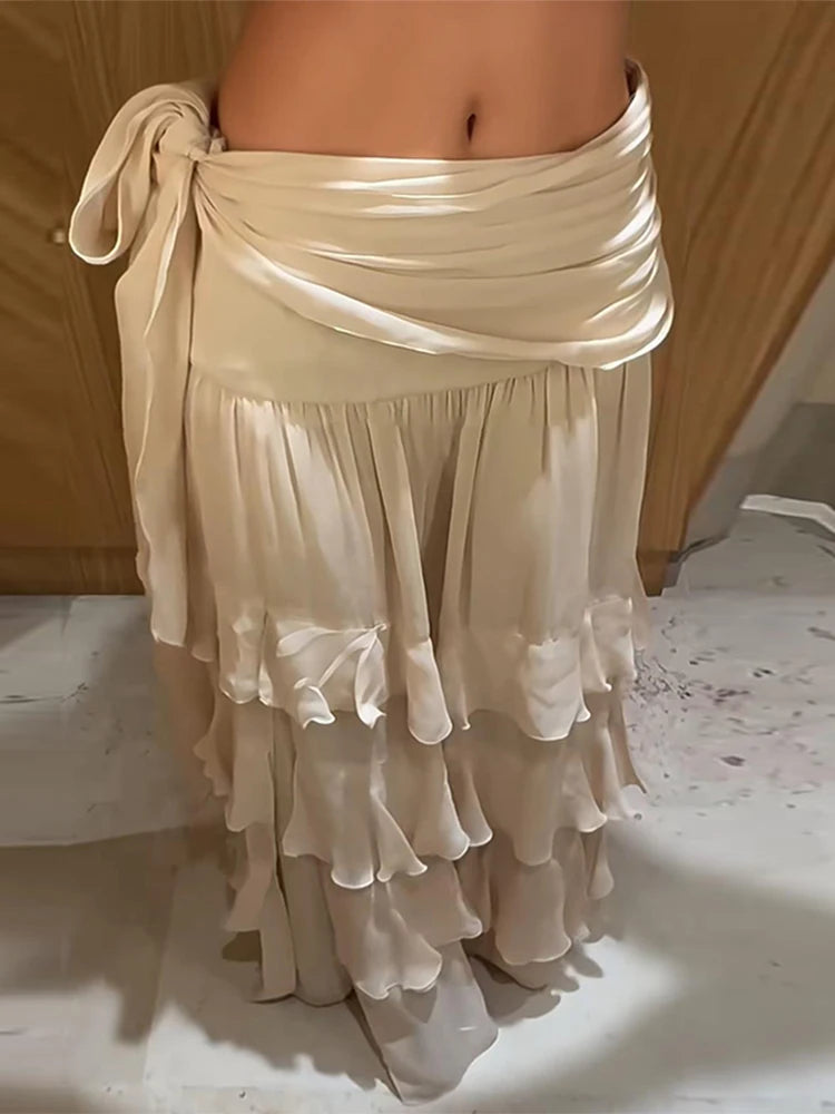 Solid Waist Tie Ruffle Tiered Maxi Skirt Flowy Chiffon Layered High-Waist Long Skirts 2026 Summer Casual Fashion Beach Outfit