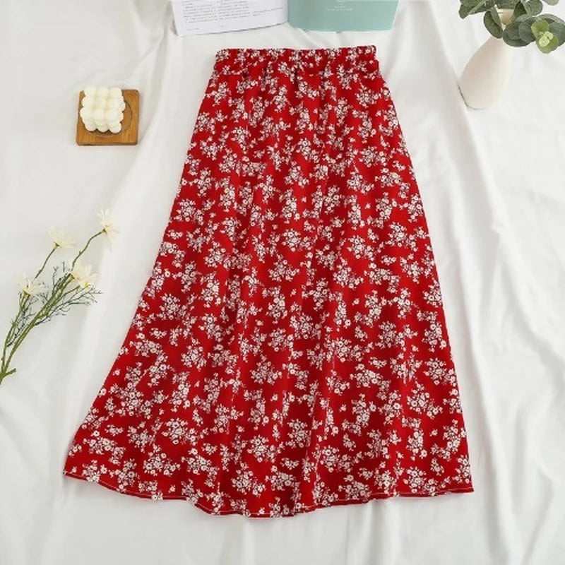 Summer Skirts Womens Vintage Floral Printed Chiffon Skirts Elastic High Waist Casual Midi A-Line Beach Skirts