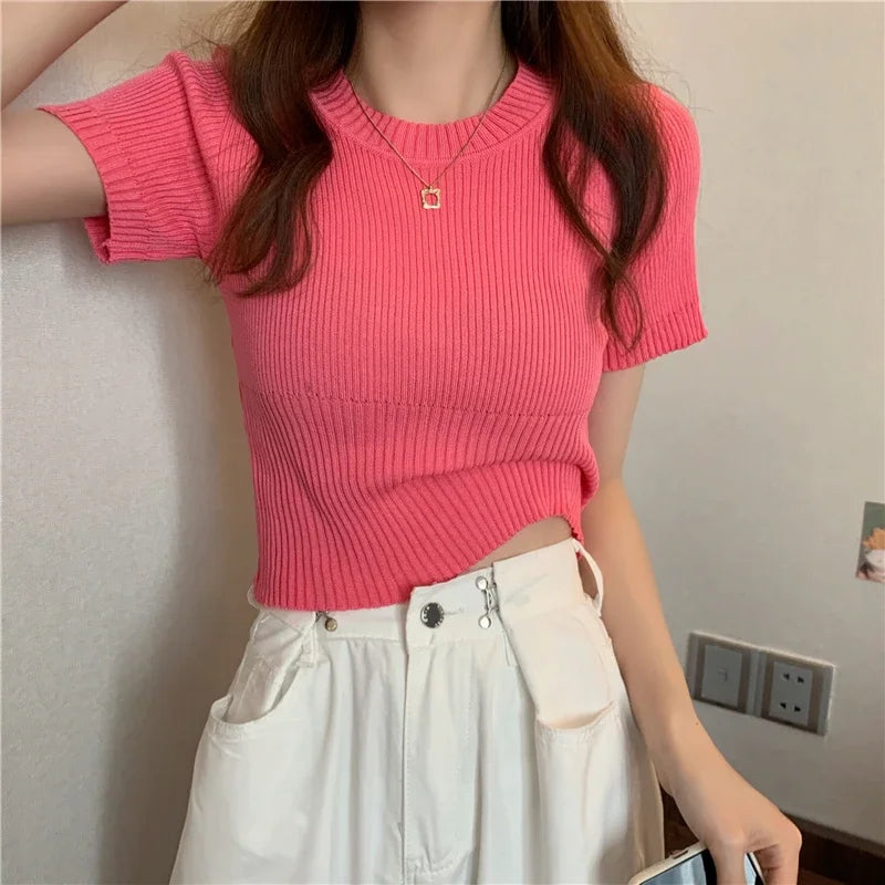 Spring Summer Casual Short Sleeve Crop Tops Knitted T-Shirt Women Pullover Shirts Tops Female Elastic Slim Knit Tee T-Shirts