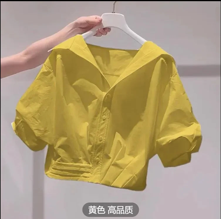 Fanan 2026 Summer New Lapel Bubble Sleeve Shirt Women Loose Fit Cropped Top Female Blouse Shirt