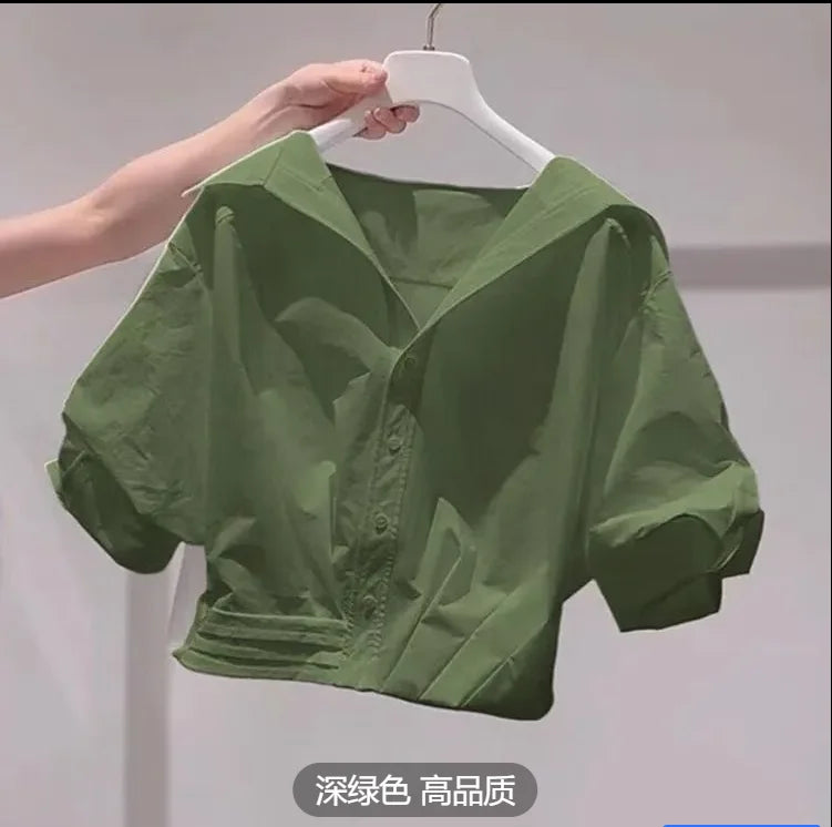 Fanan 2026 Summer New Lapel Bubble Sleeve Shirt Women Loose Fit Cropped Top Female Blouse Shirt