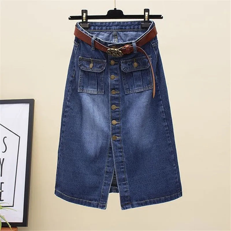 2026 Women Spring Autumn New Front Split Denim Sheath Skirts Female Single-Breasted Midi Skirts Ladies High Waist Pencil Skirts