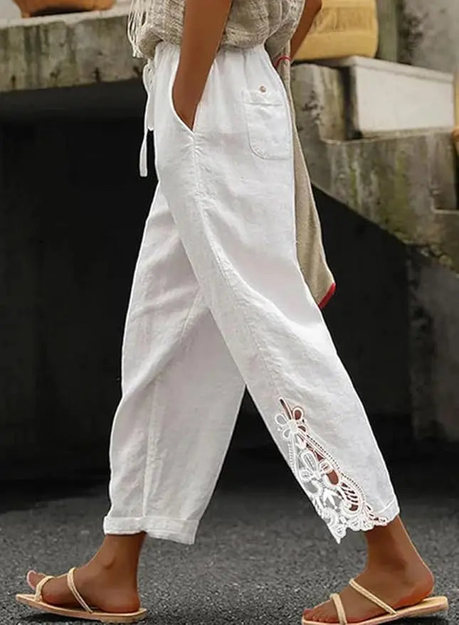 Summer Women's Pants With Fashionable Lace Patchwork Design High Waisted Drawstring Pocket Nail Buckle Cropped Pants