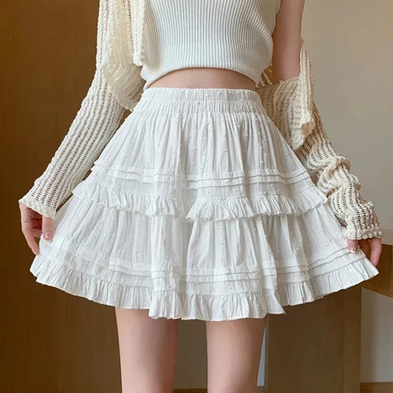 French casual style women's black mini skirt, high waist ruffle skirt, fashionable white women's skirtkv