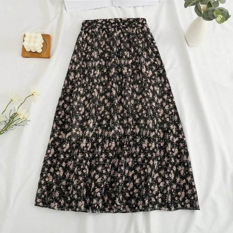 Summer Skirts Womens Vintage Floral Printed Chiffon Skirts Elastic High Waist Casual Midi A-Line Beach Skirts
