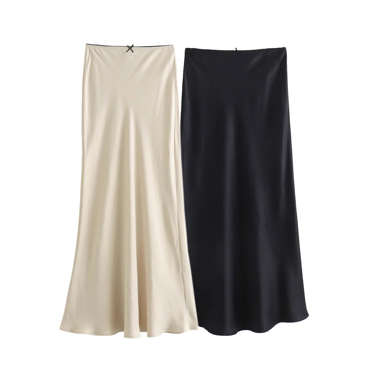 Women's Long Satin Skirts Vintage Chic Spring Fashion High Waist Line H Texture with Decorative Knot New Arrivals