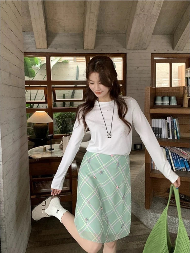 Deeptown Sweet Elegant Floral Skirt Women Korean Style Vintage Green Plaid Skirts Y2k Harajuku Summer Fashion Mesh Mid Skirts